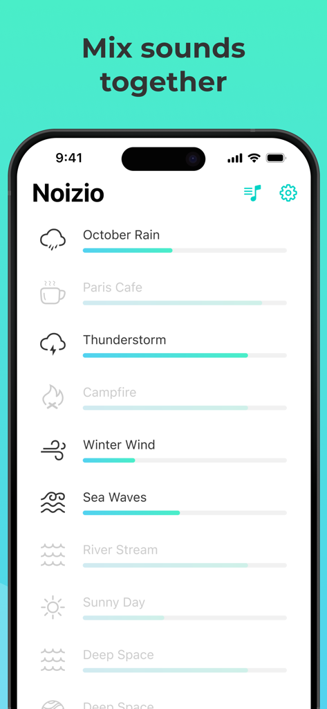 Noizio — focus, relax, sleep - Interface of the Noizio app showing how to mix different ambient sounds using sliders