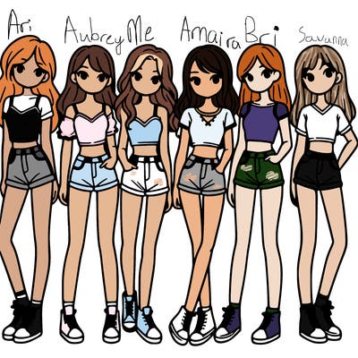 a group of girls wearing crop tops and shorts