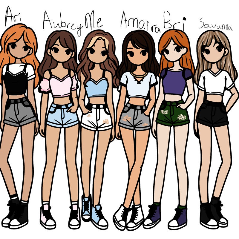 a group of girls wearing crop tops and shorts