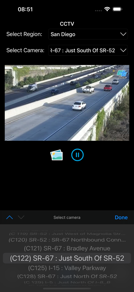 Live Traffic Cameras in CA - Real-time traffic camera feed showing highway vehicles in San Diego on the Live Traffic Cameras in CA app.