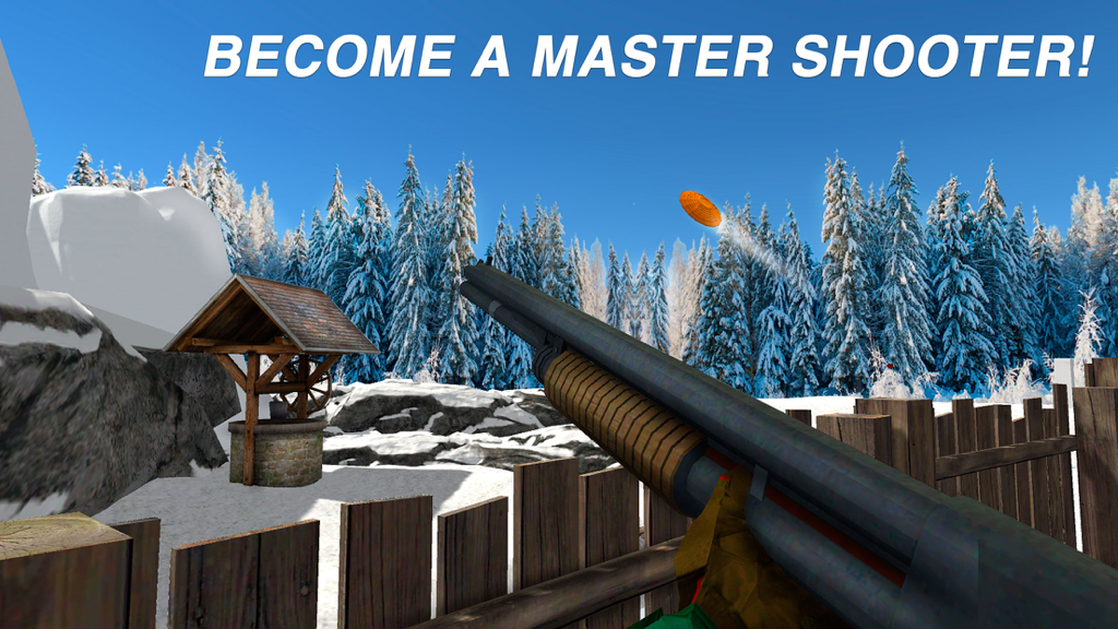 First-person gameplay of a shotgun aiming at a flying clay pigeon in a snowy forest shooting range