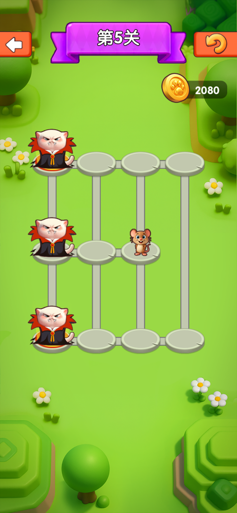 Cute vampire cats trapping a mouse in a strategy puzzle game level