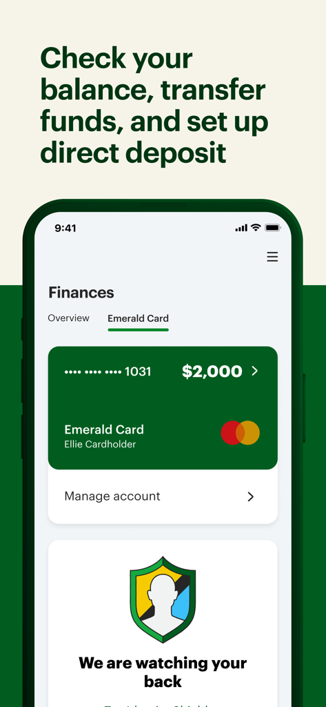 MyBlock app screen showing the Emerald Card balance and financial management features