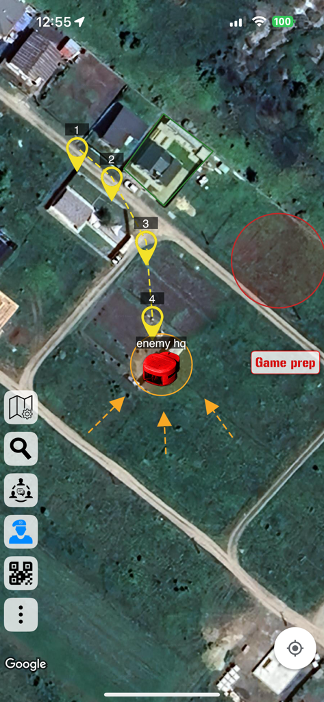 Satellite map view in Ares Alpha showing tactical waypoints and enemy headquarters