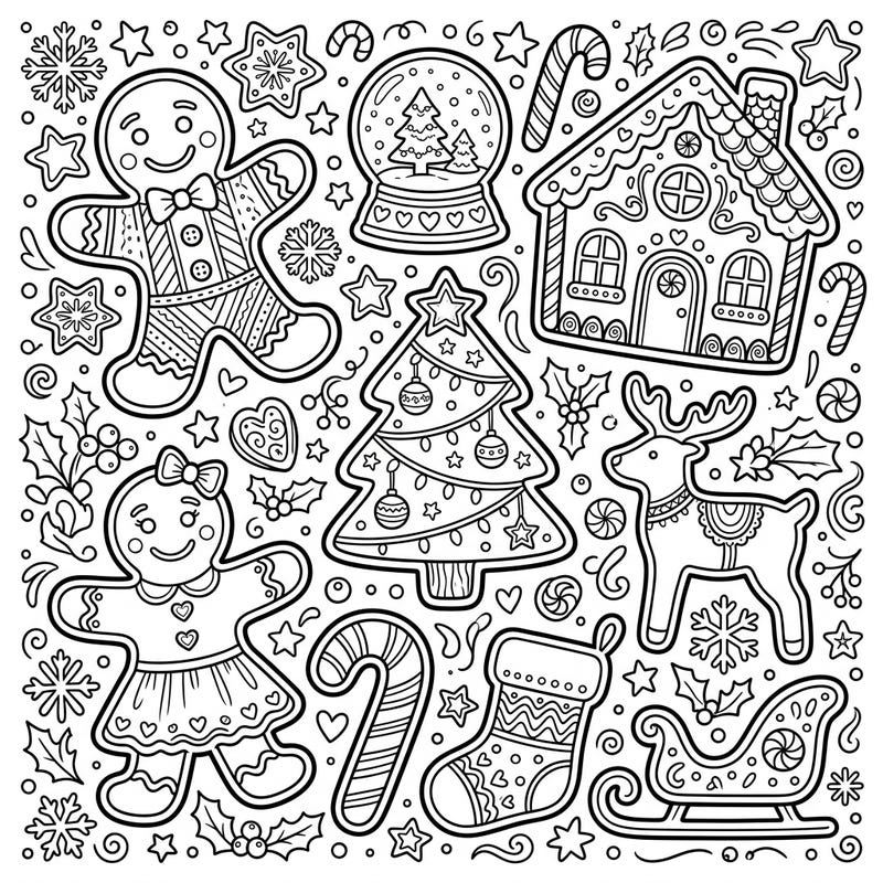 Get ready for a delicious dose of holiday cheer with this charming gingerbread cookie coloring page. Featuring an array of festive treats and beloved Christmas symbols, it's the perfect activity to sweeten your season.