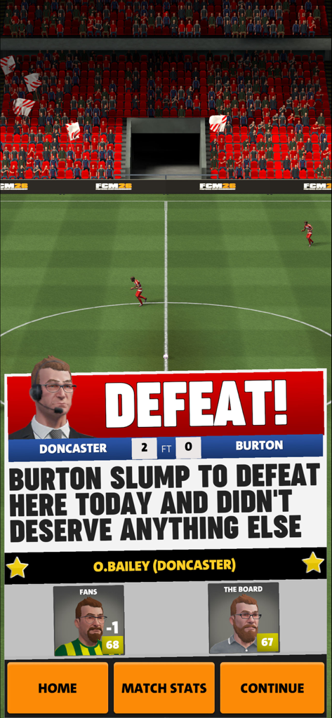 Football Club Management 2026 - Pantalla de derrota de partido de Football Club Management 2026 que muestra el marcador final y las valoraciones de satisfacción de la directiva.