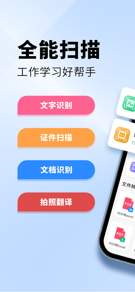 手机扫描王-文件文档拍照一键生成PDF - Interface of the Mobile Scanner King app featuring text recognition, ID scanning, document recognition, and photo translation options.