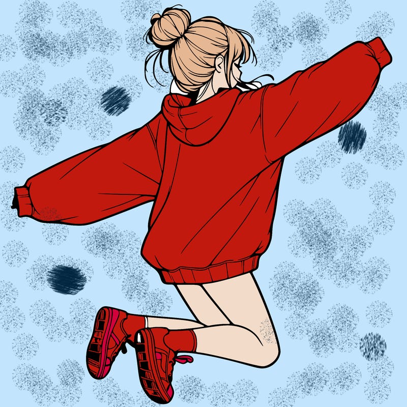 realistic girl jumping with a bun and oversized sweatshirt