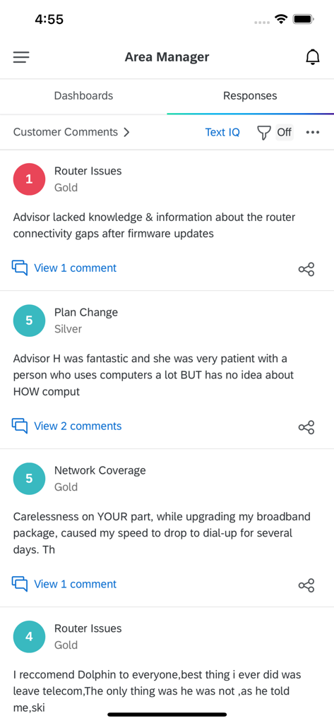 Qualtrics XM app interface displaying customer feedback and responses for an area manager