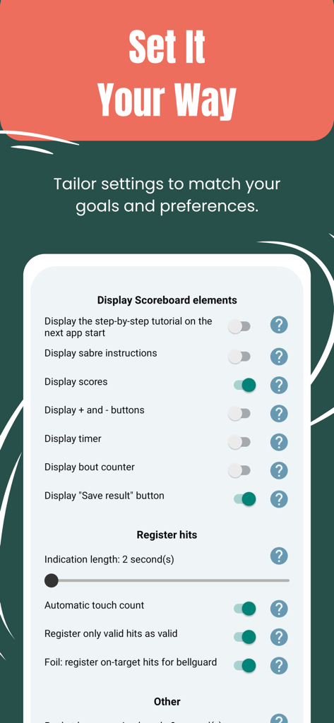 Calibur - Settings menu in the Calibur app for customizing the fencing scoreboard display and hit registration