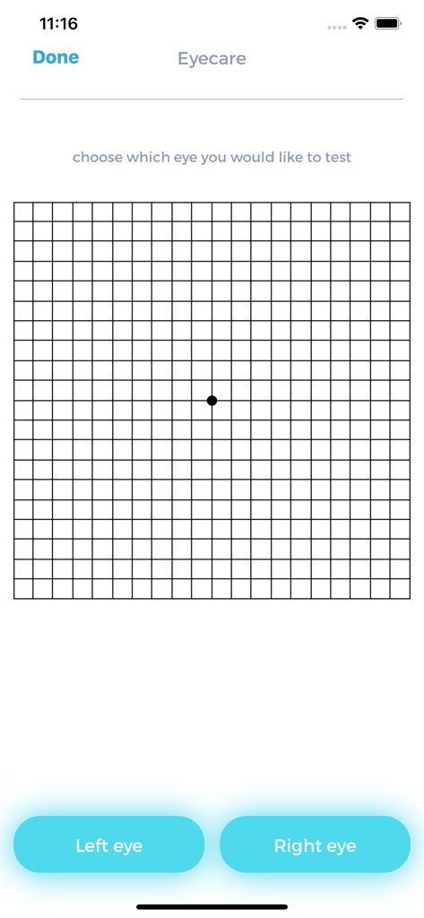 Amsler Grid interface showing buttons to select the left or right eye for testing.
