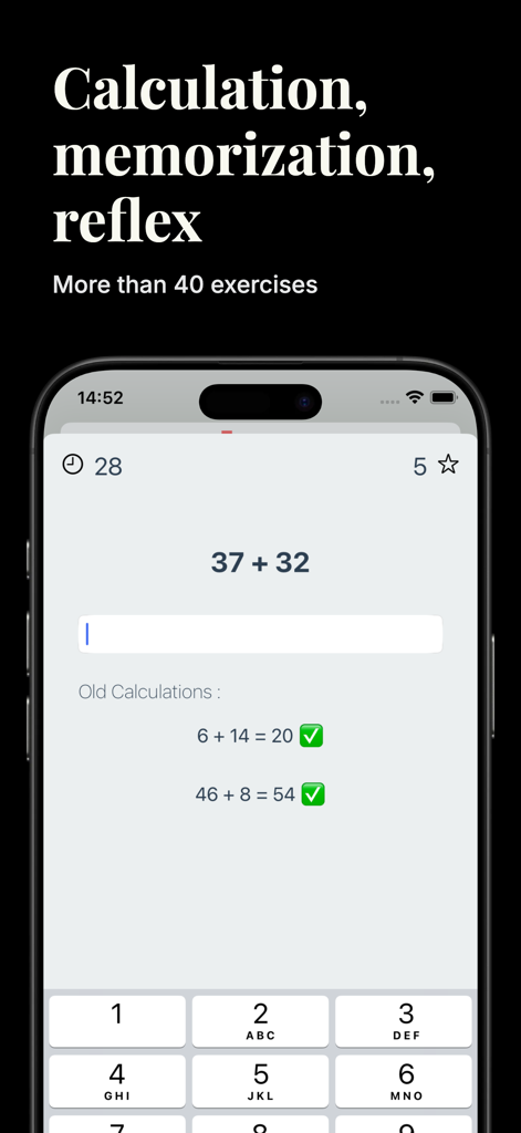 Screenshot of a mental math calculation game within the Brain Booster Pro app showing an addition problem and numeric keypad.