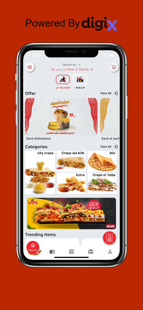 City Crepe - City Crepe 모바일 앱 인터페이스로 온라인 주문을 위한 메뉴 카테고리 및 음식 제안 표시