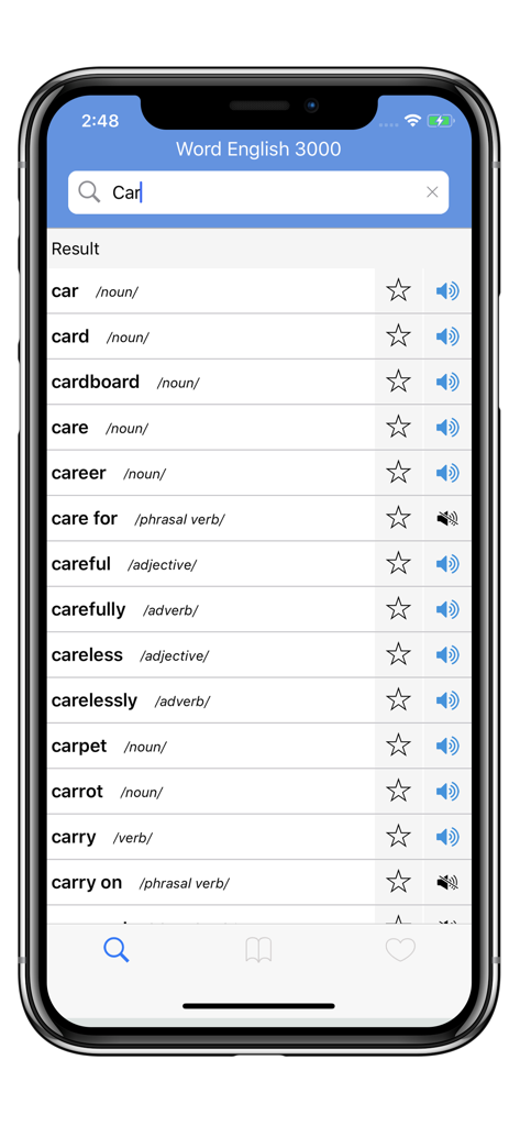 3000 Words English - Search results screen in the 3000 Words English app showing a list of words with pronunciation and favorite icons