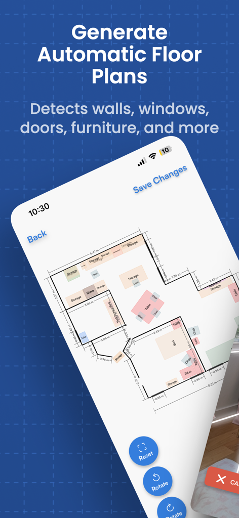 Room Wizardアプリによって生成された、家具と壁の測定値が含まれた詳細な2D自動間取り図レイアウト