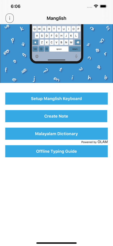 Main menu of the Manglish app showing options for keyboard setup, notes, and a Malayalam dictionary.