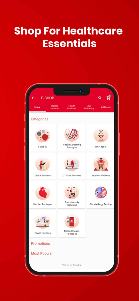 Doctor2U mobile app E-Shop interface displaying medical service categories and health packages