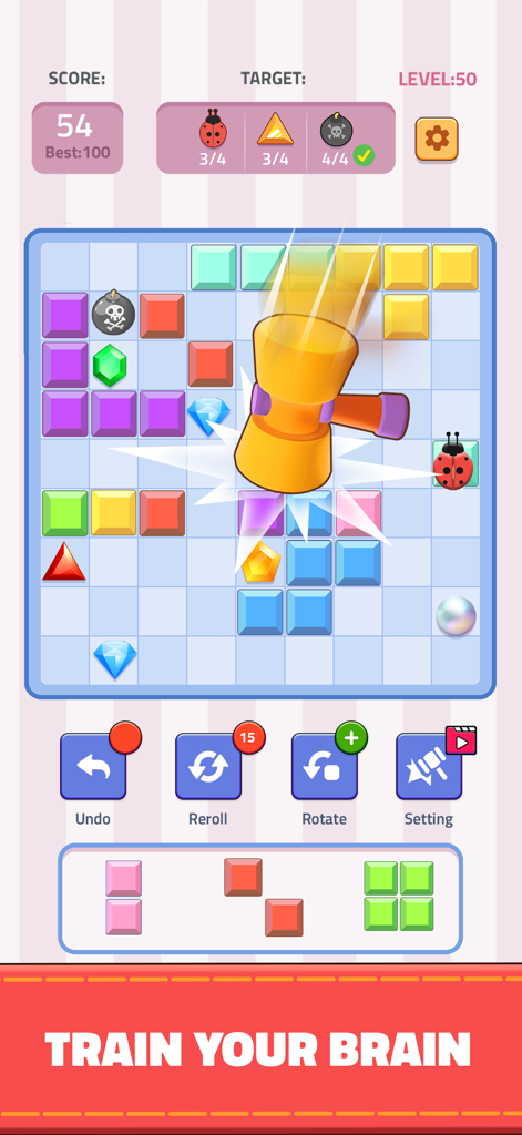 Block Joy - Block Joy mobile game screen showing a 9x9 grid with colorful gem blocks and a golden hammer power up
