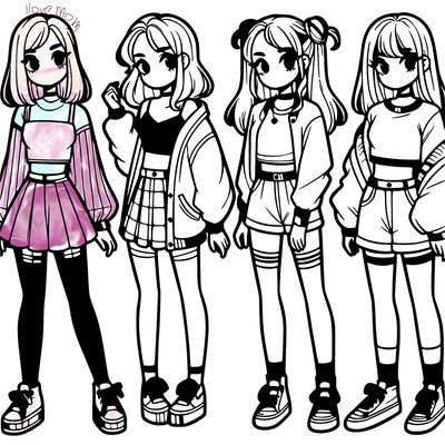 one girl with crop-top shirt and a jacket with a skirt, long socks and another girl with a shirt and pants with a jacket