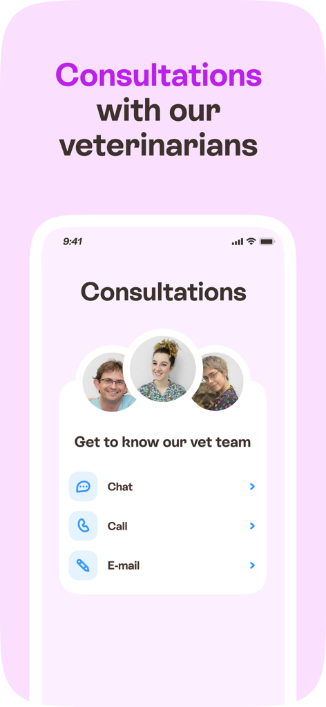 Barkibu App-Oberfläche mit Chat-, Anruf- und E-Mail-Optionen zur Konsultation mit Tierärzten.