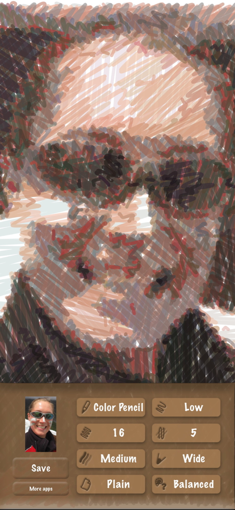 SketchMee app interface displaying a portrait transformed into a color pencil sketch with editing options