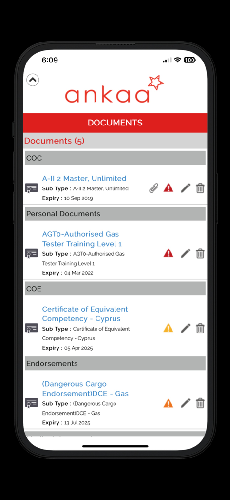ankaa - Interface of the Ankaa app showing a list of maritime professional certificates and document expiry alerts