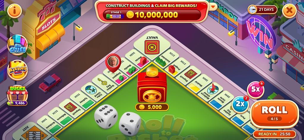 Vegas Craze Casino - Vegas Craze Casino Riches Road board game feature with dice and city locations