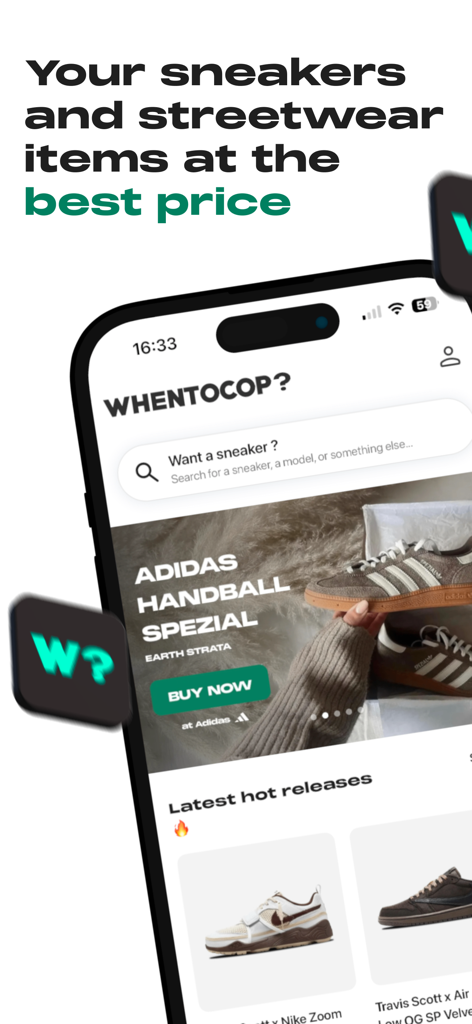 WhenToCop? - Interface de l'application mobile WhenToCop montrant des offres de sneakers et les dernières sorties populaires