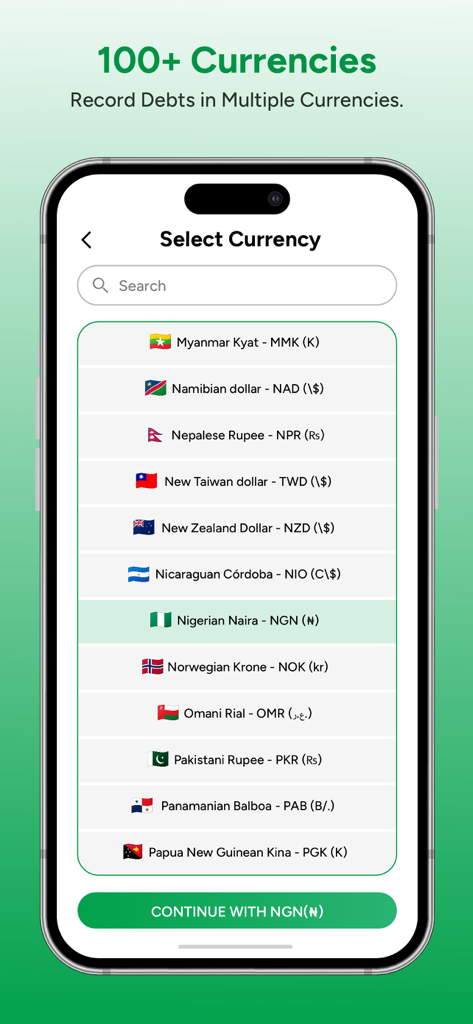 Interface of My Debt Manager app displaying a list of global currencies for debt tracking.