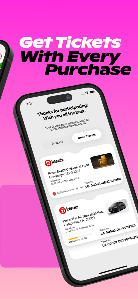 Idealz | Lebanon - Digital draw tickets for luxury prizes like gold and cars in the Idealz Lebanon shop and win app
