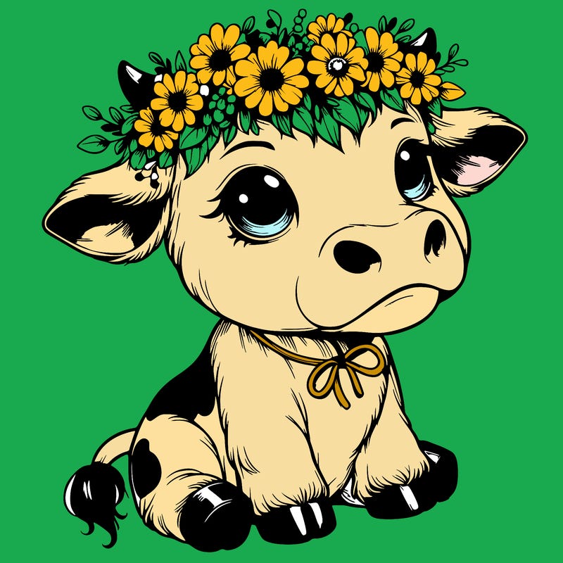 realistic adorable cow with flower crown