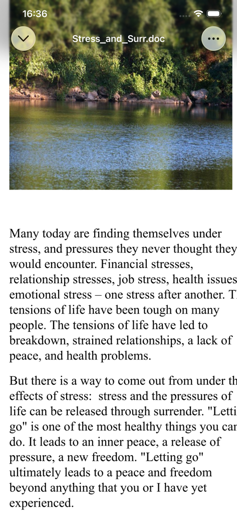 A document preview in FTPManager Pro showing a text file with a scenic river image on a mobile device