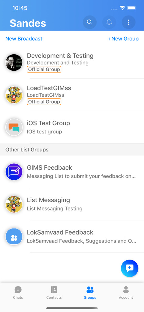 Sandes - Sandesアプリのインターフェース。公式グループとフィードバックグループのリストが表示されています。