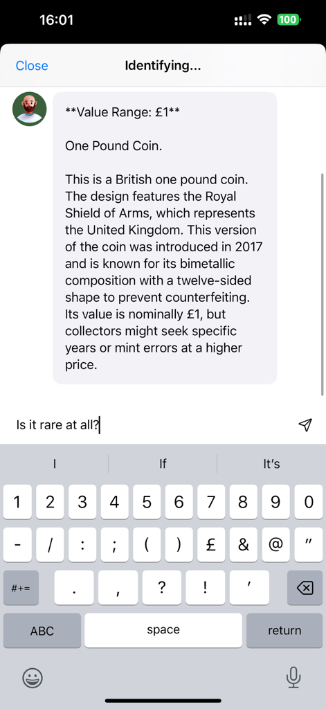 Coin Scanner: Identify & Value - Interface of the Coin Scanner app showing AI identifying a British one pound coin with its value and history