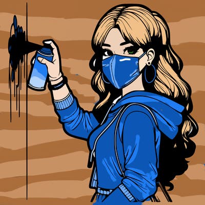 realistic girl with mask spray painting a wall
