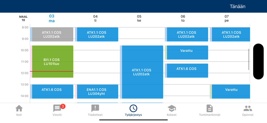 Wilma - Landscape view of the Wilma app showing a weekly school timetable with color coded class blocks