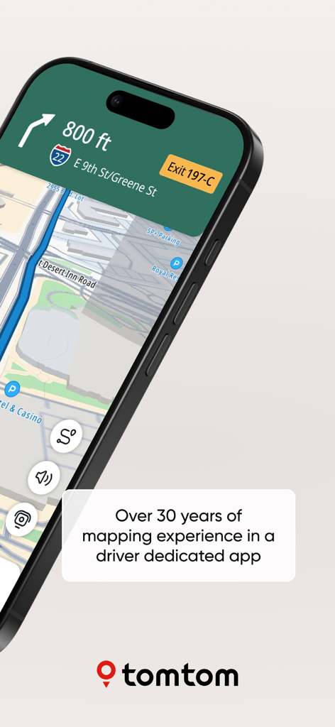 TomTom GPS navigation app showing turn by turn directions and exit guidance on an iPhone