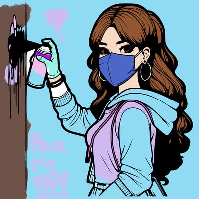 realistic girl with mask spray painting a wall