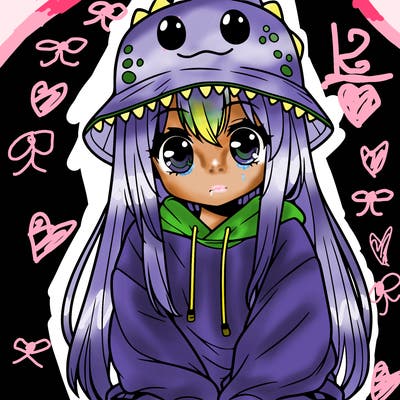 girl with anime shaped eyes with a dinosaur bucket hat oversized sweatshirt long straight hair