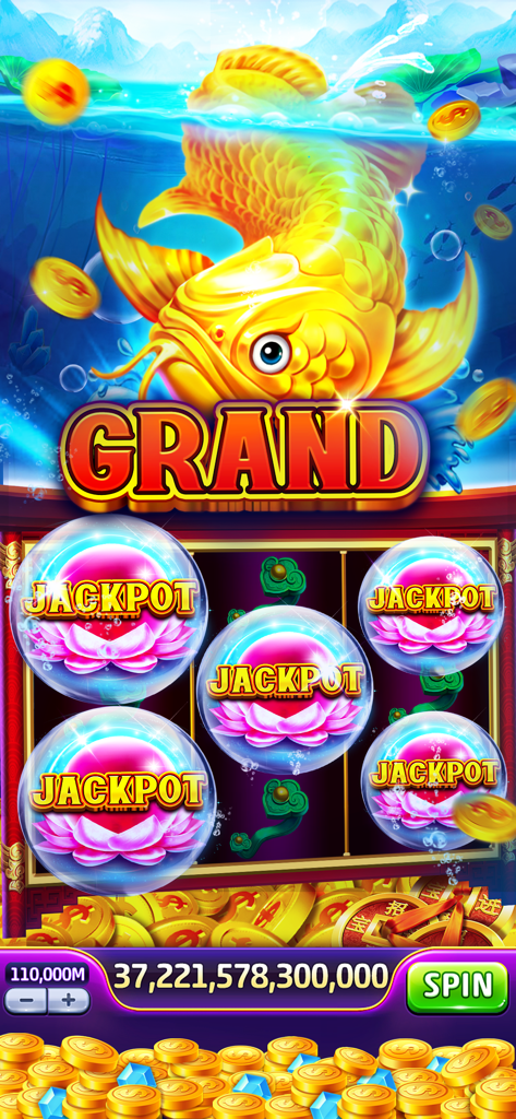 Jackpot World Casino Slots game screen featuring a golden fish theme and multiple grand jackpot rewards with coins.