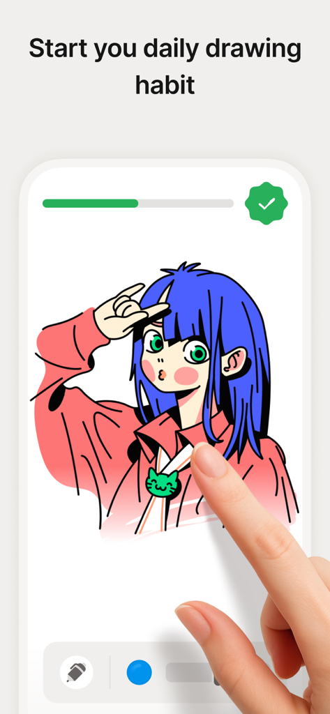 Skribly: Draw with friends - A hand drawing a colorful anime girl character on a mobile screen using the Skribly app.