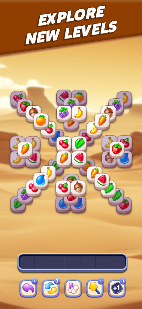 Tile Busters gameplay showing fruit tiles in a cross pattern over a desert background with the text Explore New Levels.