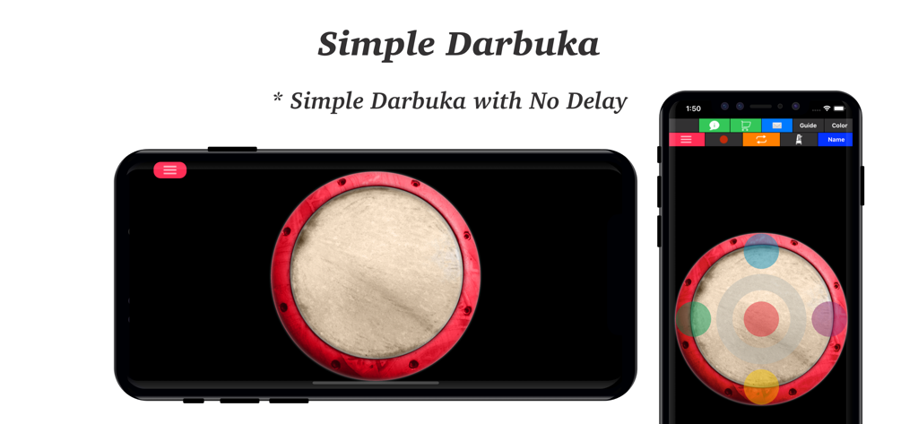 Darbuka - Percussion Drums Pad - 携帯電話画面上のカラフルなパーカッションパッドを備えた仮想ダルブカドラムを表示するモバイルアプリインターフェース