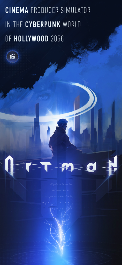 The Artman - Title screen for The Artman mobile game featuring a cyberpunk Hollywood 2056 cityscape