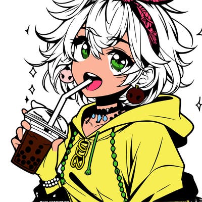 hot baddie anime girl drinking boba and biting the straw