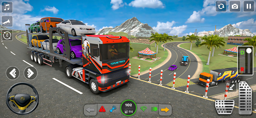 Cargo Truck Games Simulator 3D - A red 3D cargo truck carrying several cars on a highway with mountains in the background.