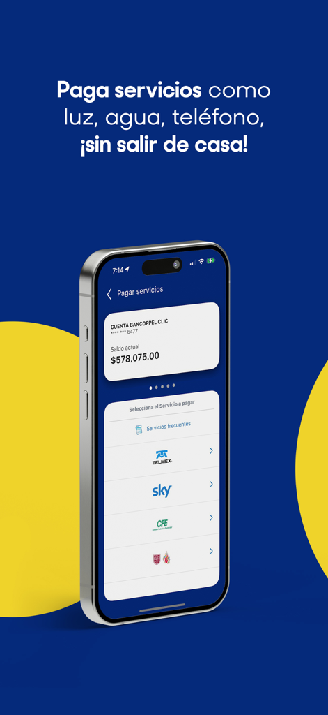 Interfaccia dell'app mobile BanCoppel per il pagamento delle bollette di utenze come luce e acqua con loghi di Telmex Sky e CFE.