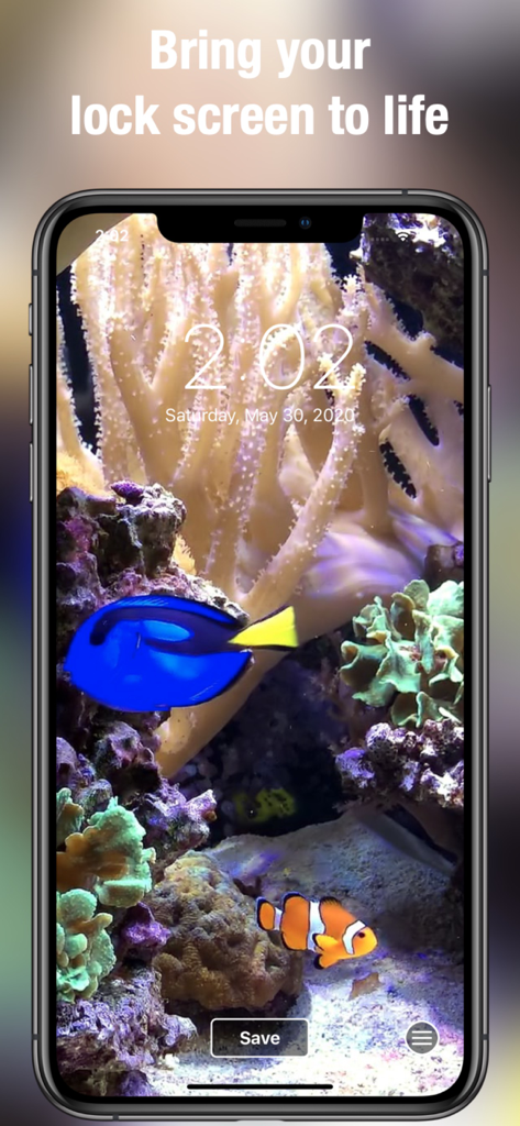 Aquarium Dynamic Wallpapers - iPhone showing a vibrant aquarium live wallpaper with a blue tang and clownfish on the lock screen