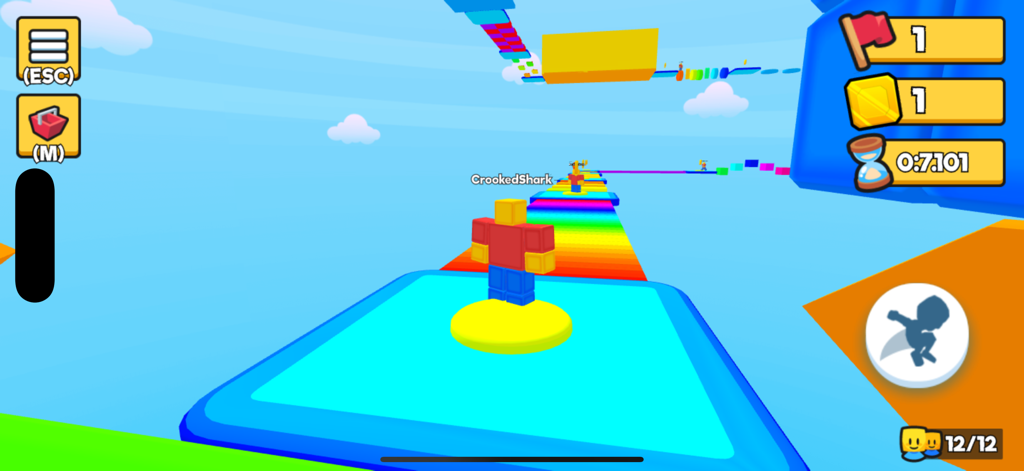 Gameplay de Rainbow Obby montrant un personnage sur un parcours d'obstacles arc-en-ciel coloré dans le ciel.