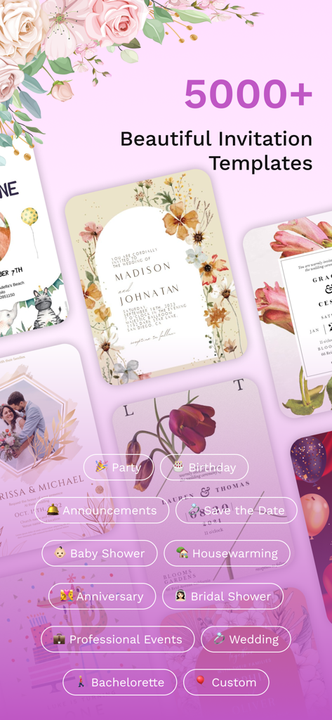Party Invitation Cards Maker + - Un écran d'application mobile affichant une variété de modèles d'invitations numériques élégantes pour les mariages et les événements sociaux.